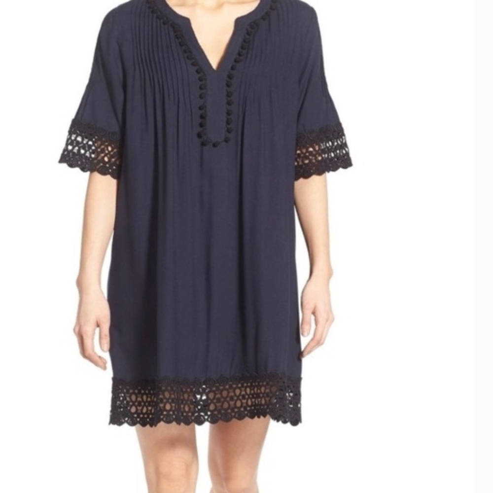 Hinge Navy with Black accents in Pom Pom and crochet Mini Sundress